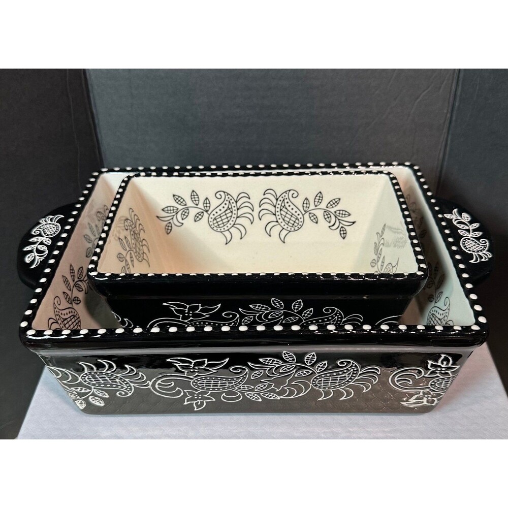 2 - Baum Ceramic Rectangular Stoneware Loaf Dish Black And White
